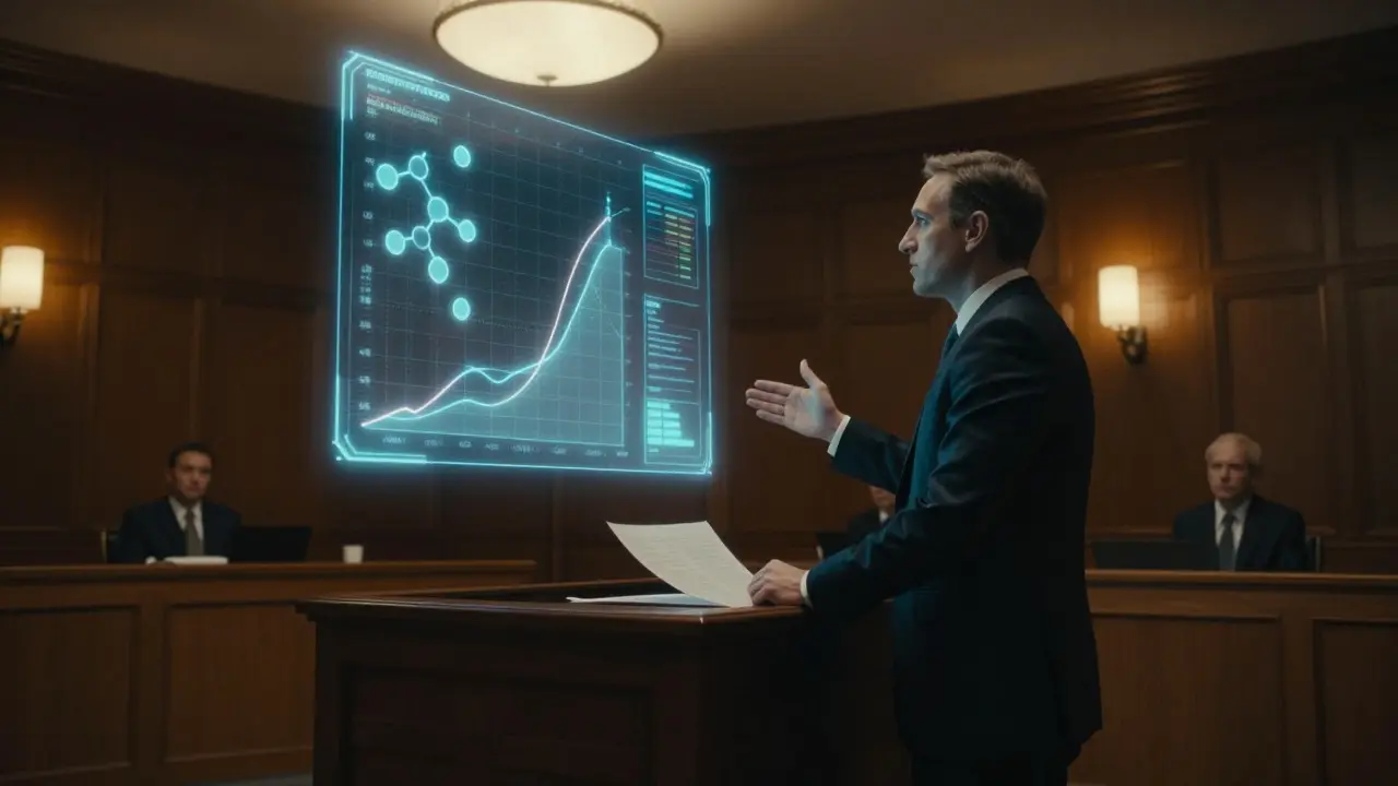 Defense attorney presenting abstract molecular data projections in a dimly lit court hearing
