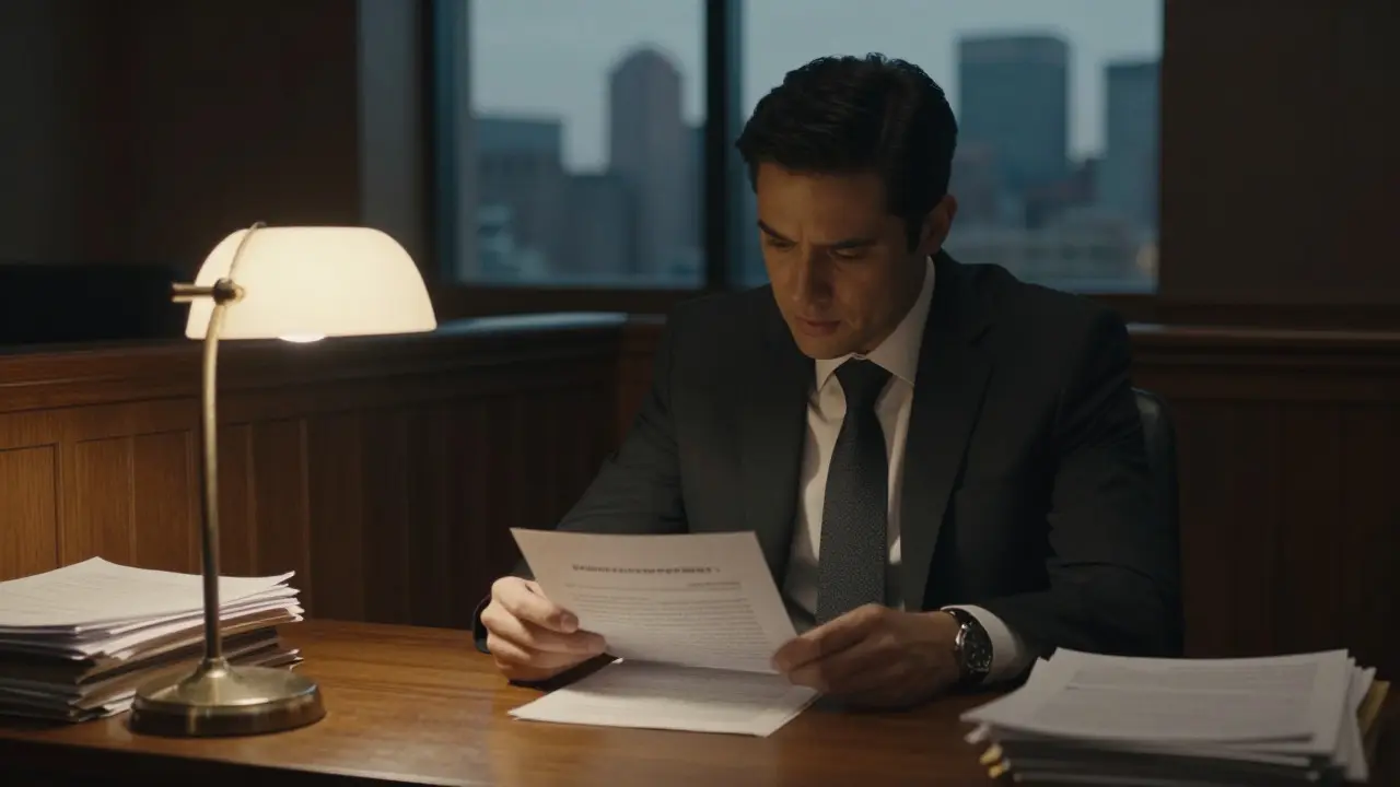 Defense attorney reviewing legal documents in an office setting