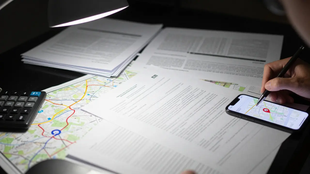 Desk with legal documents and maps under a lamp