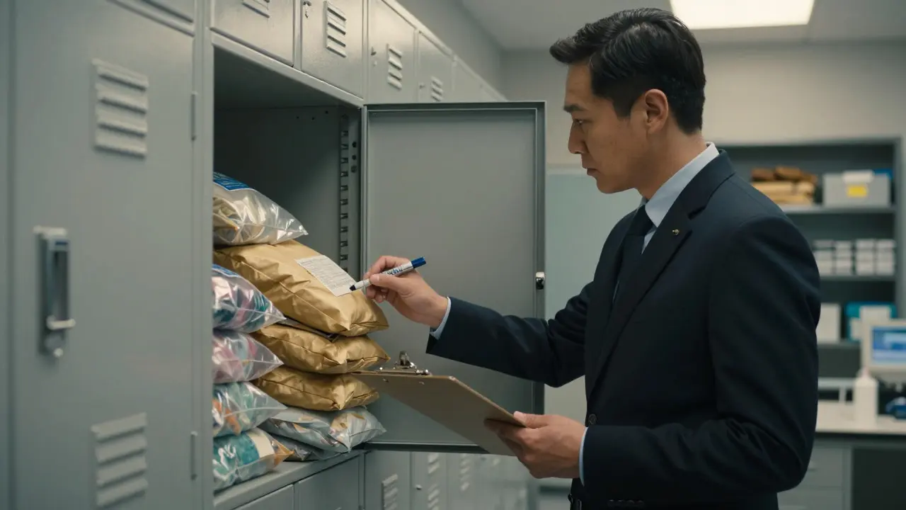 Detective reviewing sealed evidence bags and documentation in a secure evidence locker