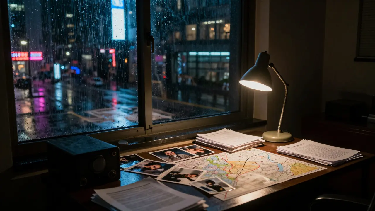 Detective working on case files in a rainy night office