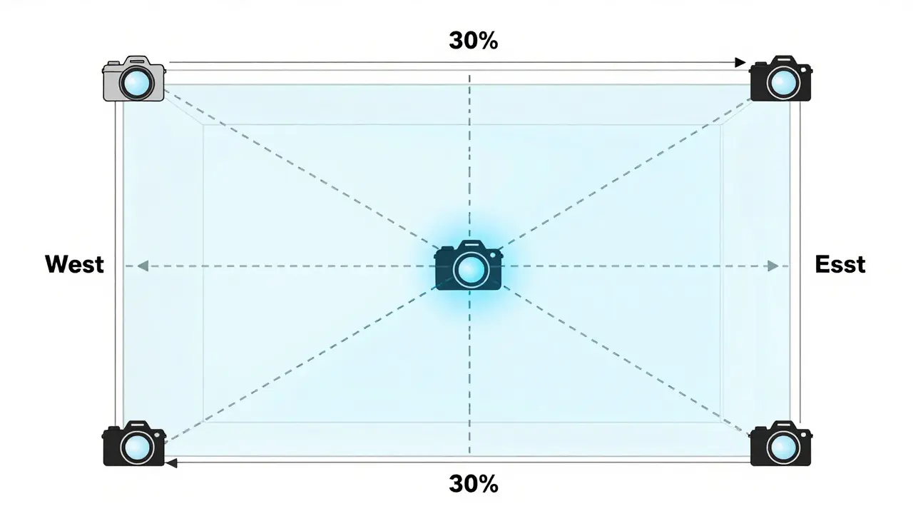 Diagram showing four camera angles in a room with overlapping fields of view for full coverage