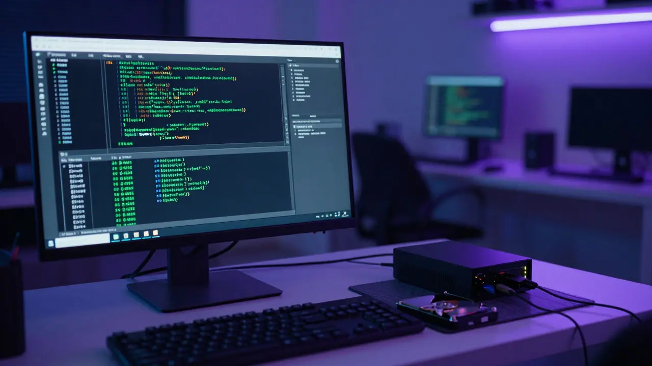 Digital forensics setup with a hard drive and monitor displaying data