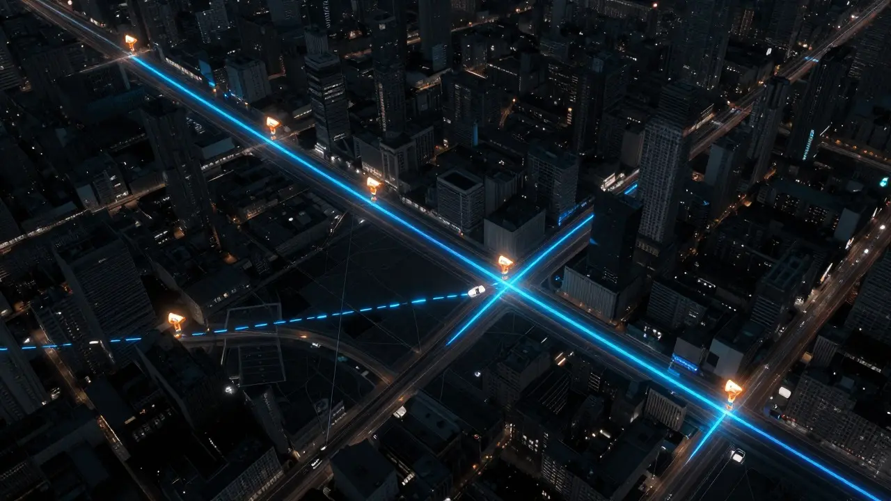 Digital map showing a vehicle route with camera network nodes