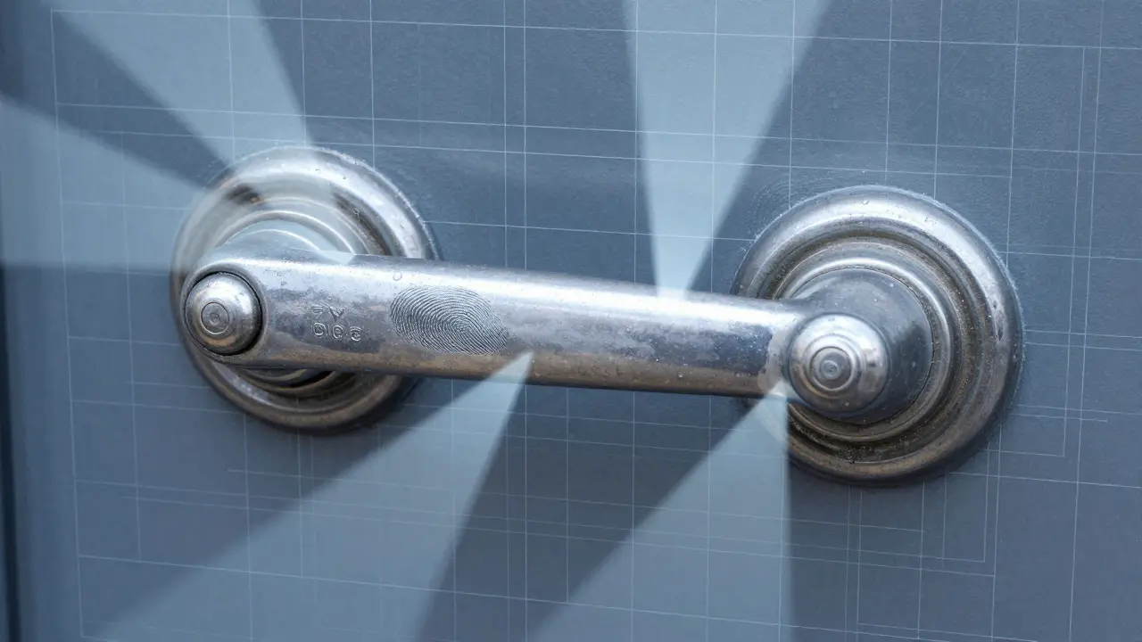 Digital visualization of RTI technology revealing a fingerprint on a metal door handle