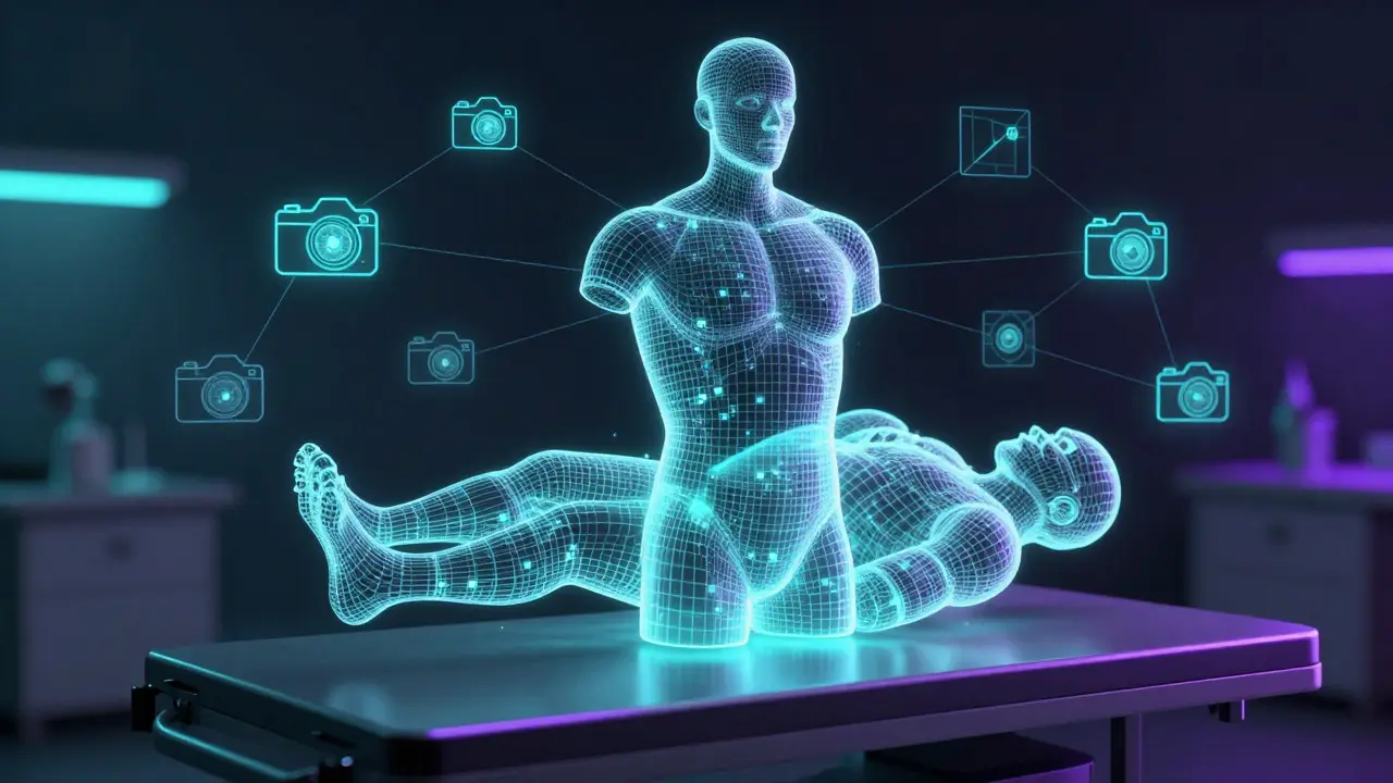 Digital wireframe 3D model of a human torso representing forensic photogrammetry