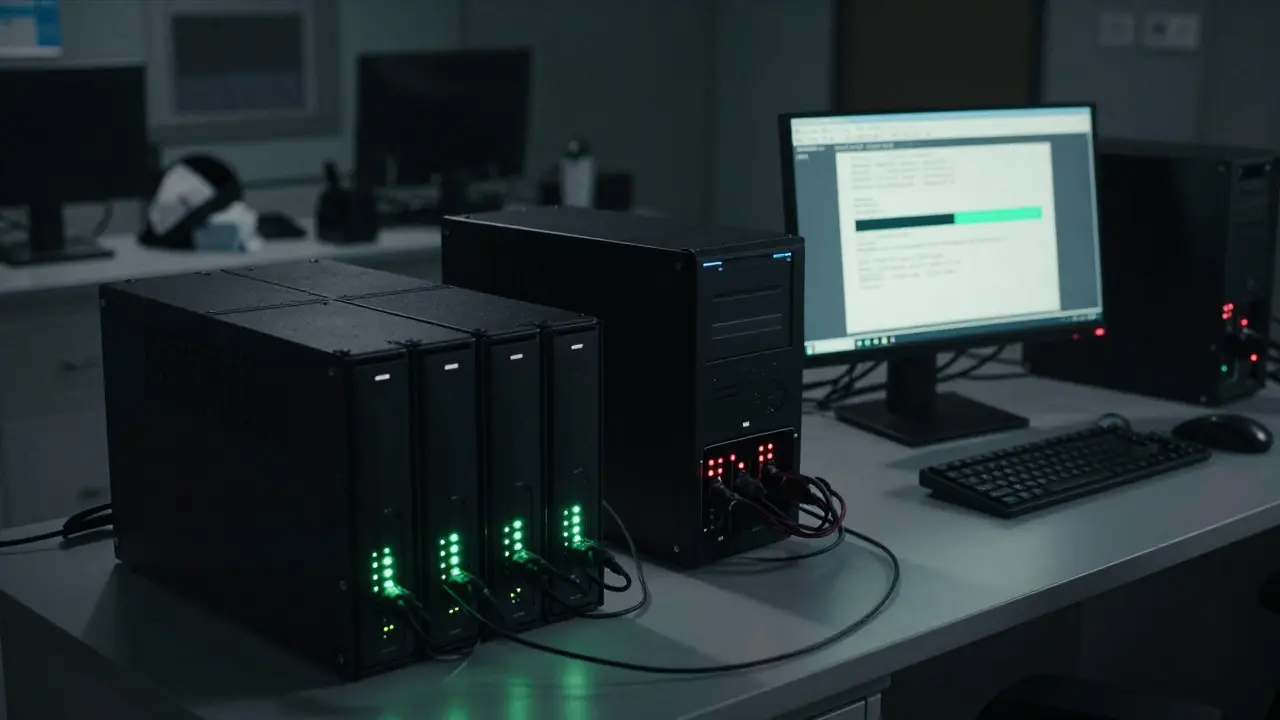 Dimly lit forensic lab with external drives and a computer running an imaging task