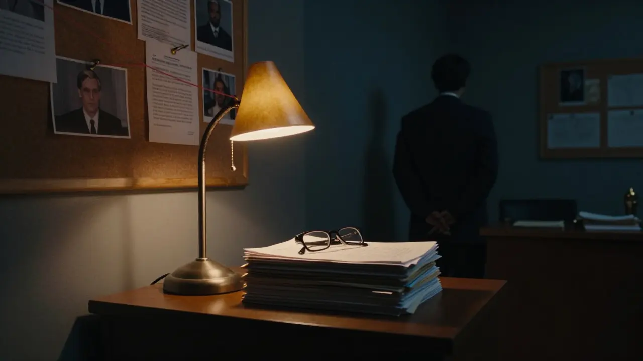 Dimly lit office with case files under a lamp and a detective silhouette