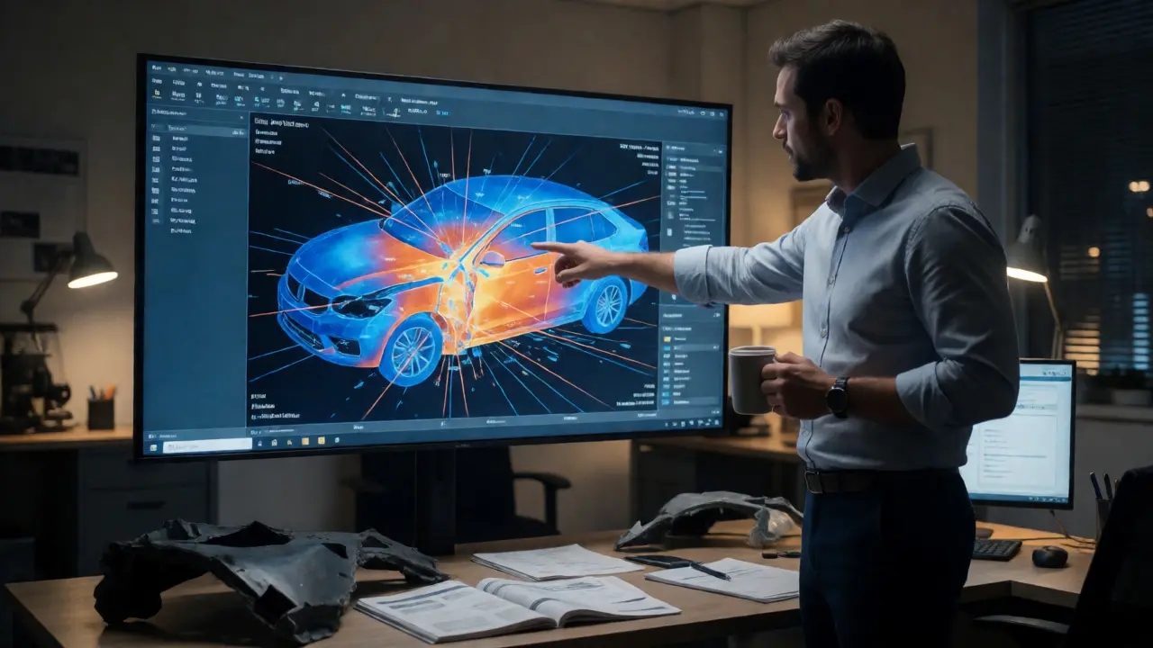 Engineer analyzing 3D crash simulation on a computer screen