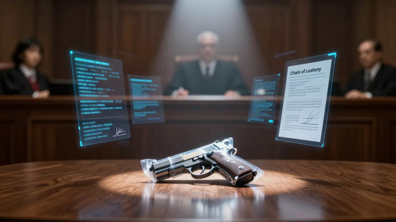 Evidence on a table with digital custody data overlays