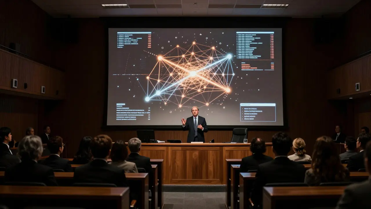 Expert witness presenting digital audit trail visuals in a courtroom