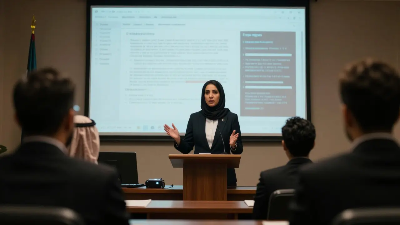 Expert witness presenting DNA evidence in a modern courtroom