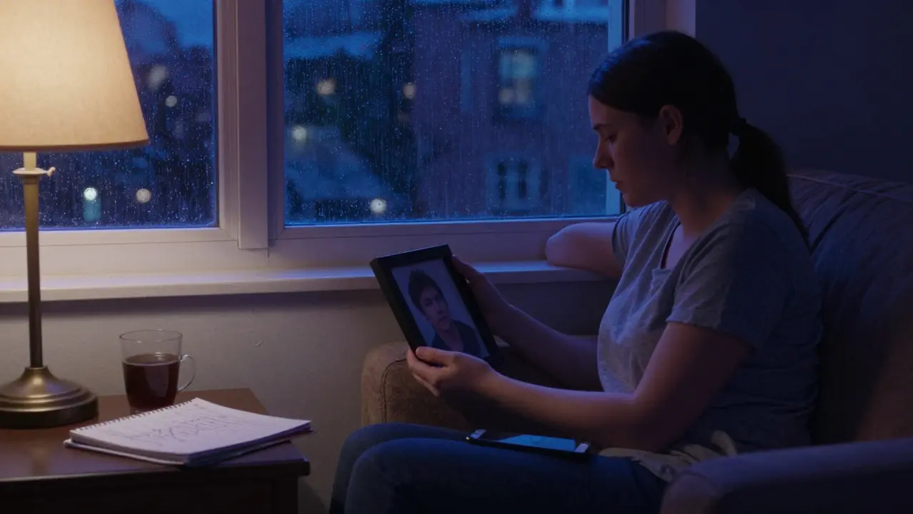 Family member holding a photo while looking out a rainy window