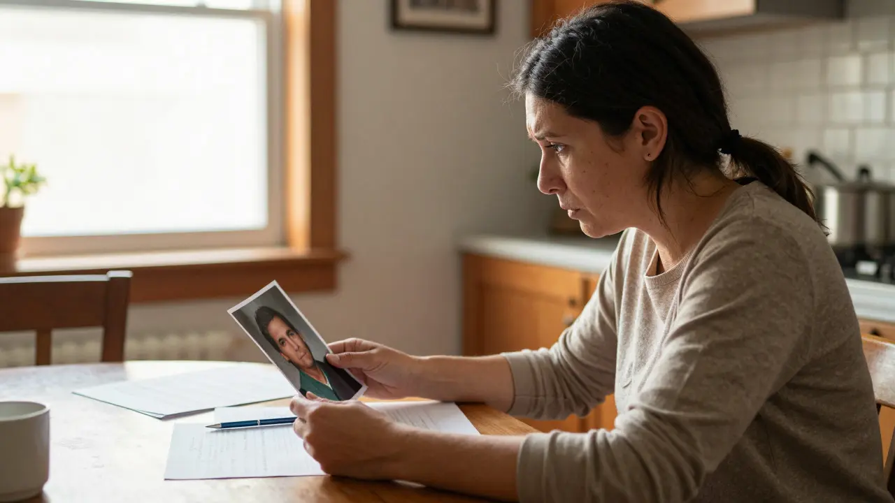 Family member reviewing a photograph of a missing loved one at a kitchen table