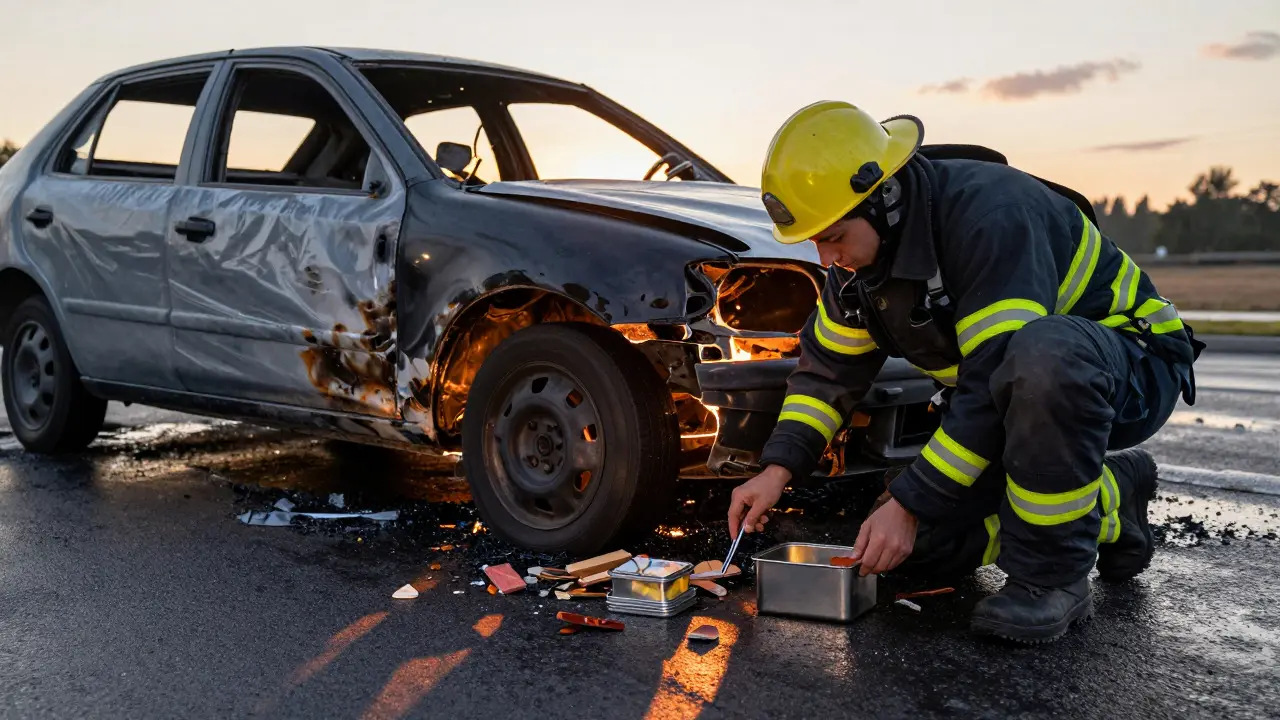 Fire investigator collecting debris samples from a burned car