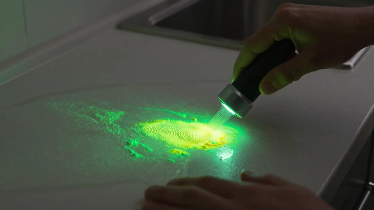 Fluorescent fingerprint glowing green under UV light on a countertop