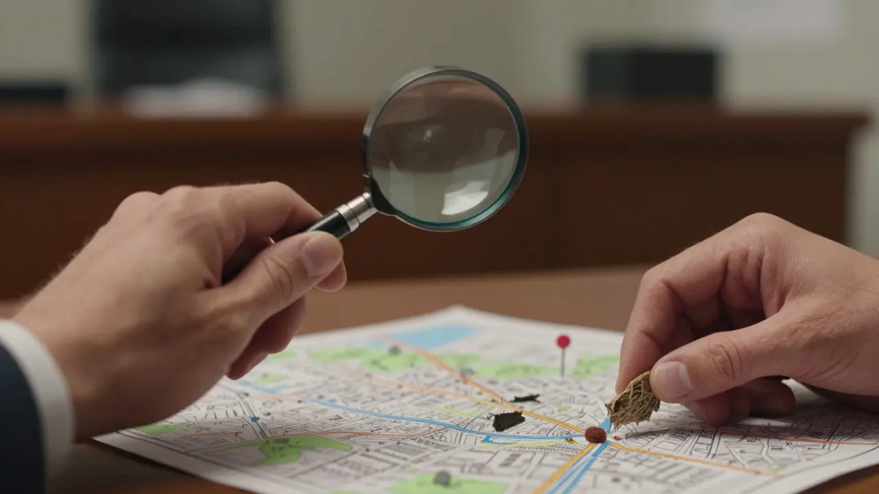 Forensic analyst examining evidence artifacts near a location map