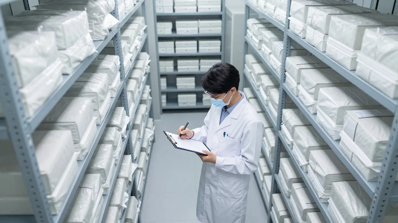 Forensic analyst organizing and logging evidence in a secure storage room
