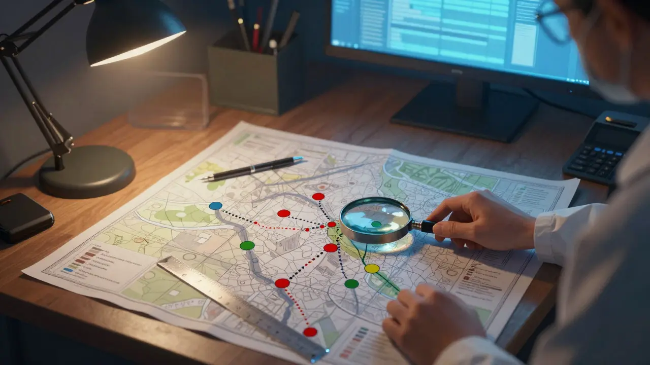 Forensic analyst reviewing maps with data overlays on a desk