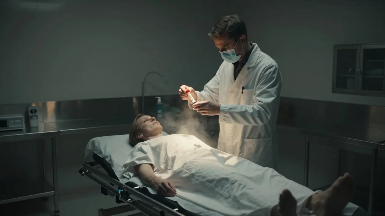 Forensic examiner analyzing a sample in a dimly lit morgue