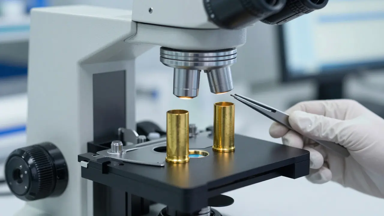 Forensic examiner comparing two casings under a microscope