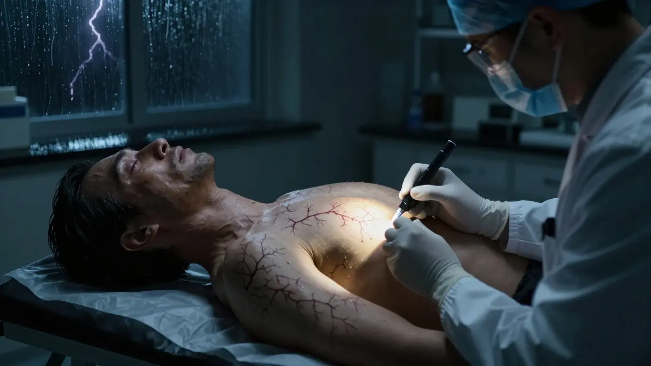 Forensic examiner documenting temporary lightning marks on a body