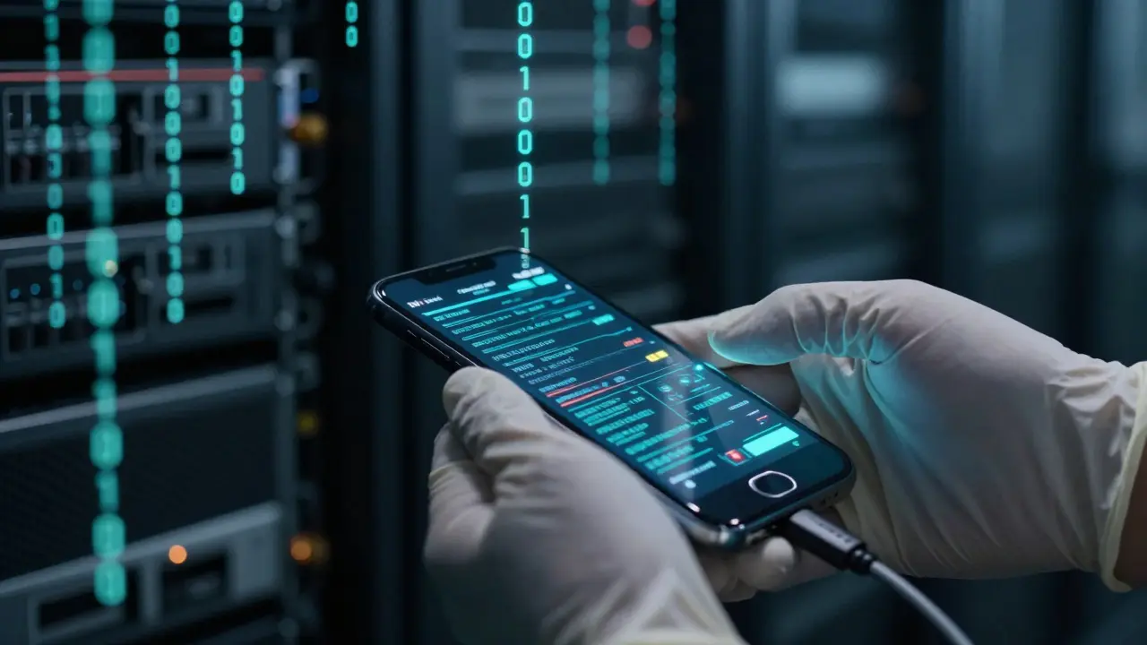 Forensic examiner extracting data from a smartphone with specialized equipment