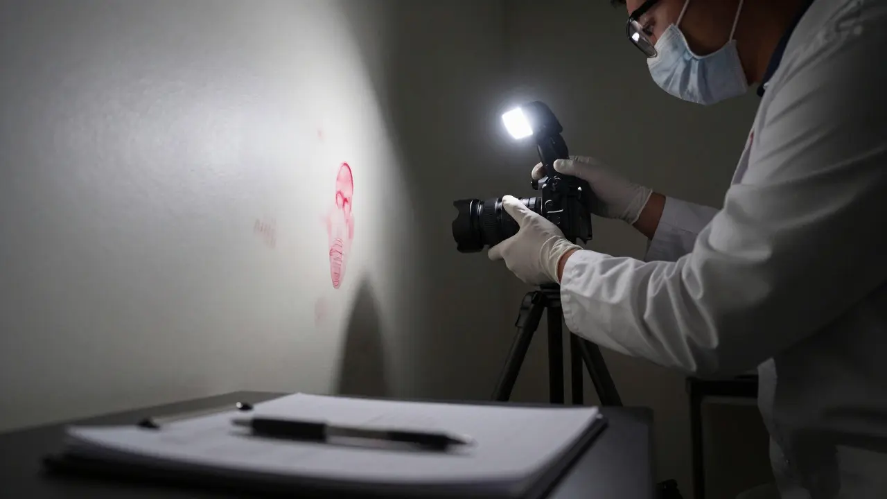 Forensic examiner photographing bloodstains on a wall in a dimly lit crime scene