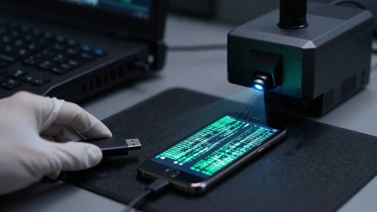 Forensic examiner scanning a smartphone with digital data projection