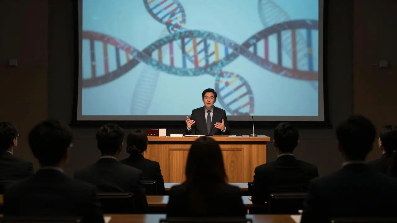 Forensic expert presenting evidence in a dimly lit courtroom