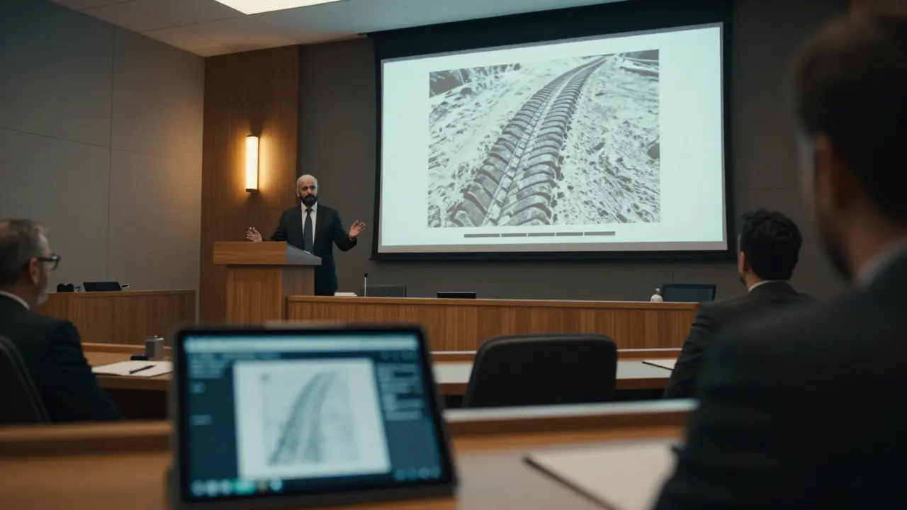 Forensic expert presenting photographic evidence to a jury in a courtroom