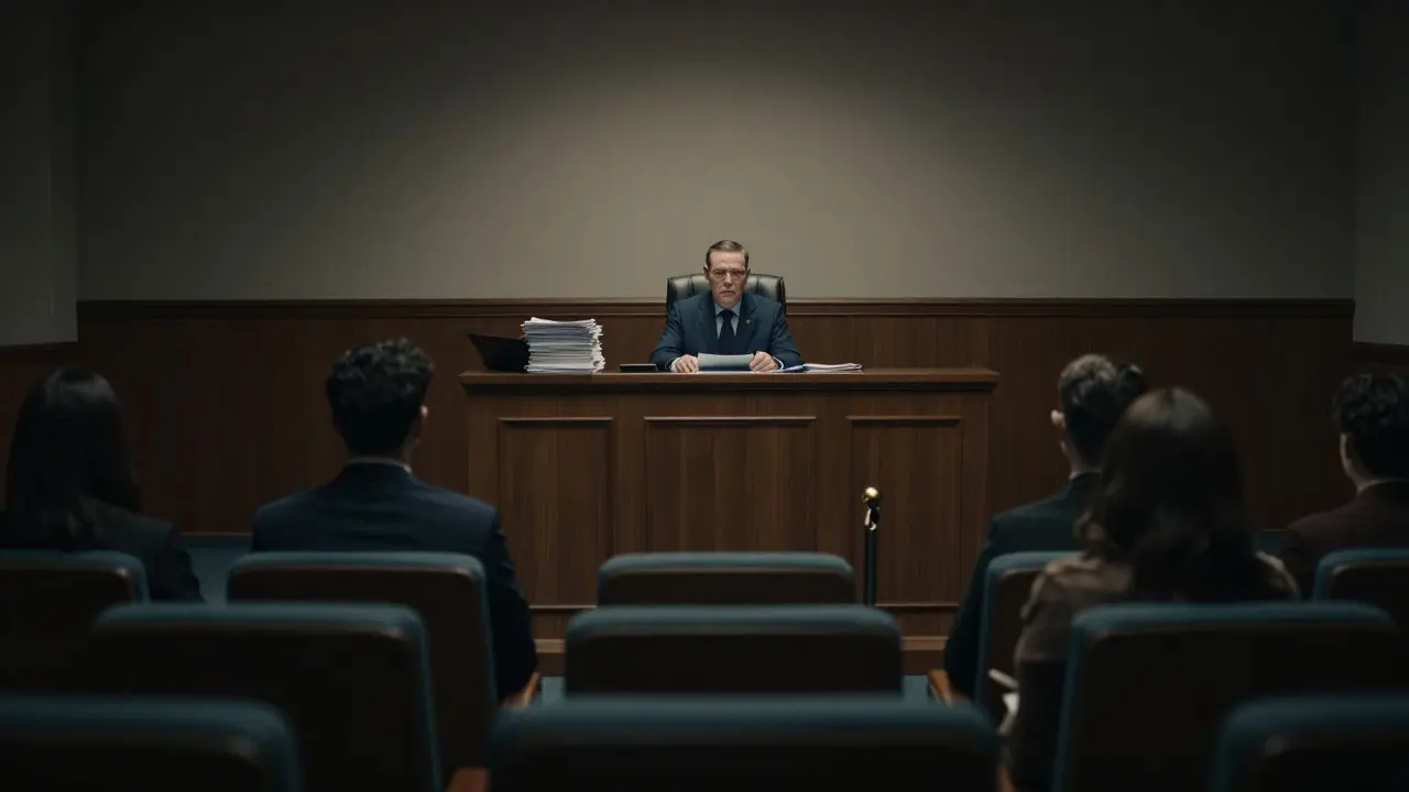 Forensic expert testifying in a dimly lit courtroom facing legal scrutiny