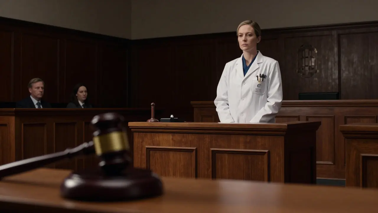 Forensic expert testifying in a dimly lit courtroom