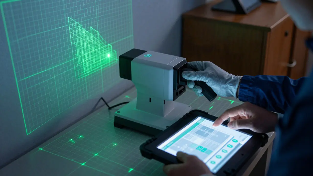 Forensic expert using a 3D laser scanner to map a crime scene