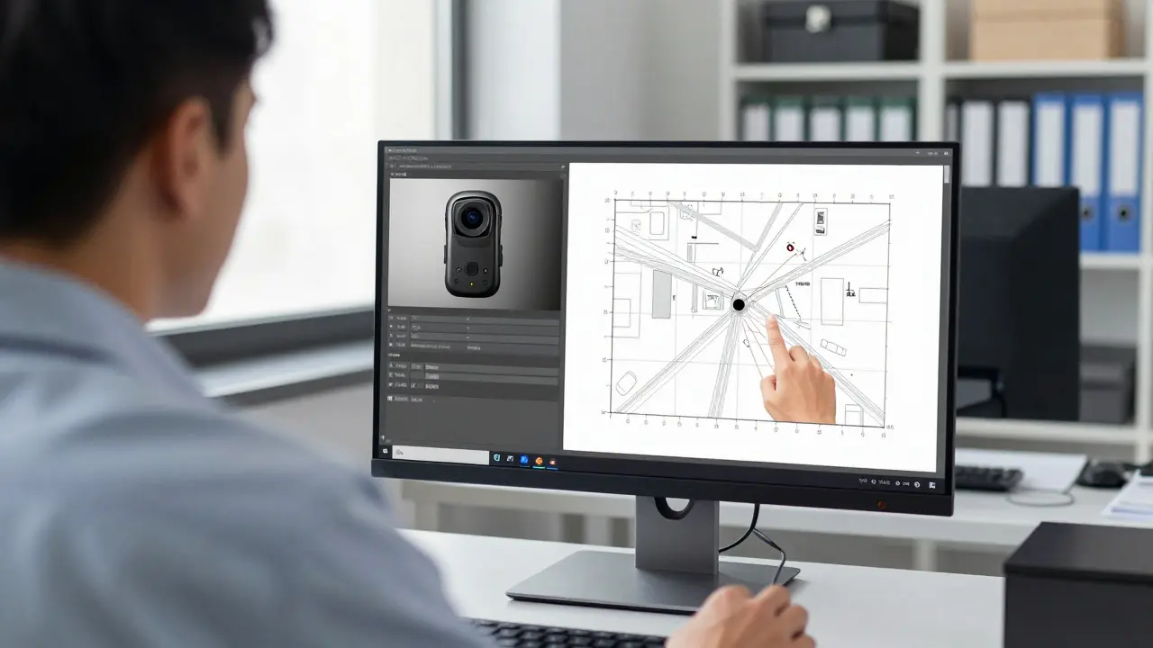 Forensic investigator analyzing synchronized video footage and a scene diagram on a computer