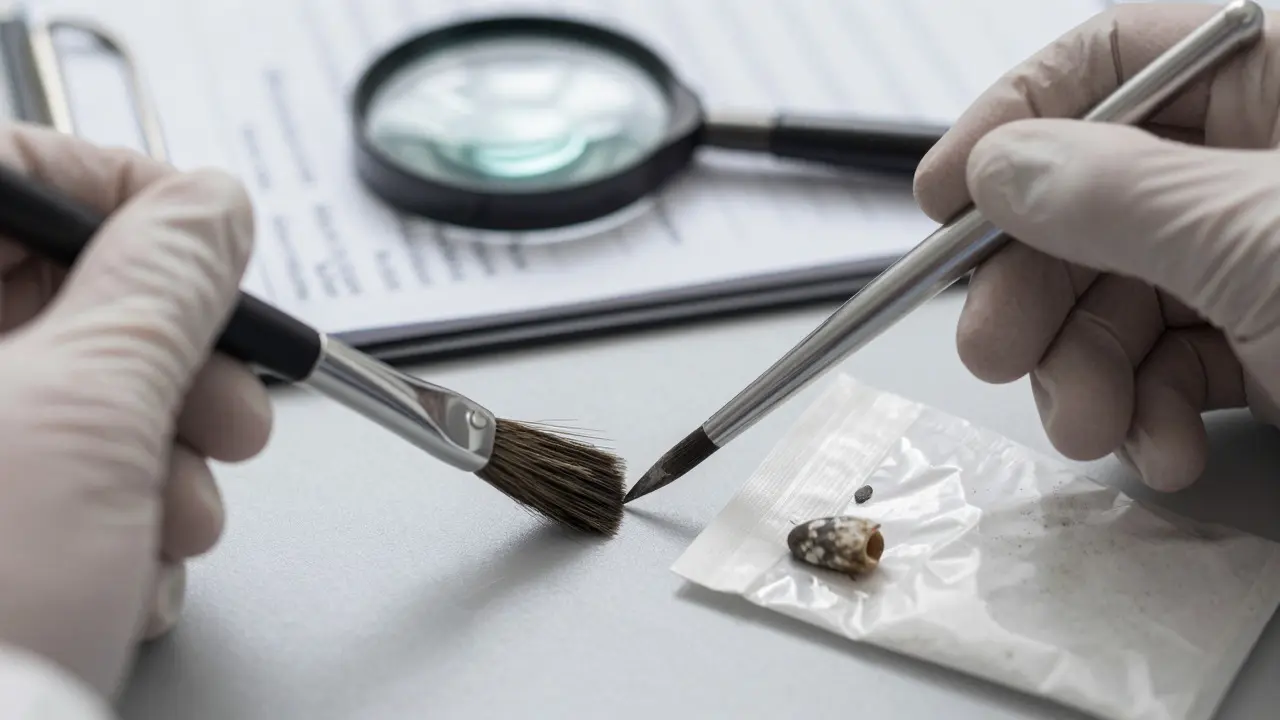 Forensic investigator collecting a shell casing and examining dust prints