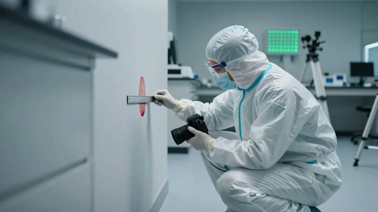 Forensic investigator measuring a bloodstain on a wall in a crime scene