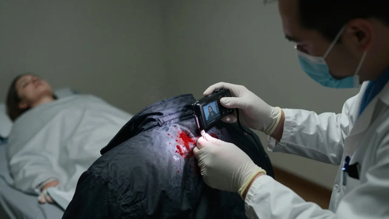 Forensic investigator photographing blood mist on a suspect's jacket