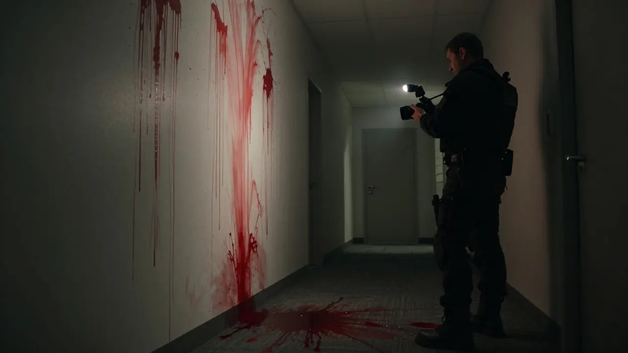 Forensic investigator photographing blood spray patterns on a dimly lit room wall