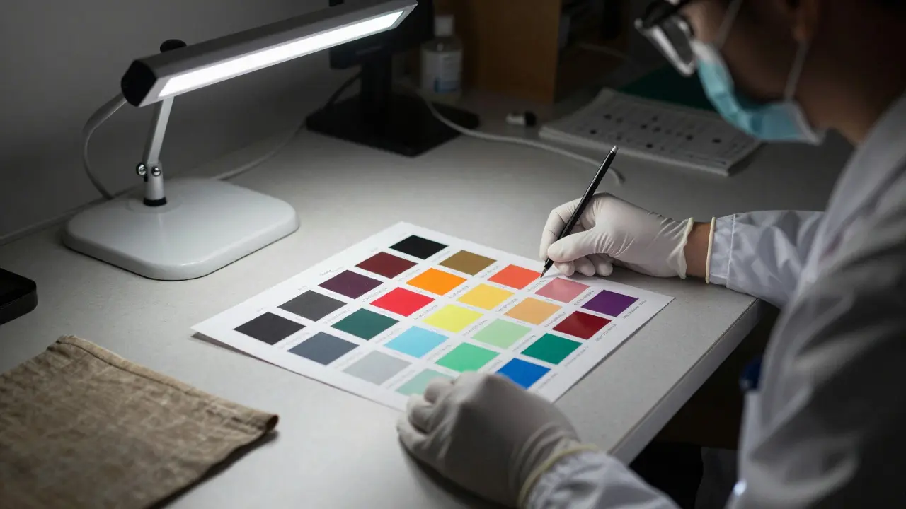 Forensic investigator placing a color reference chart next to fabric evidence