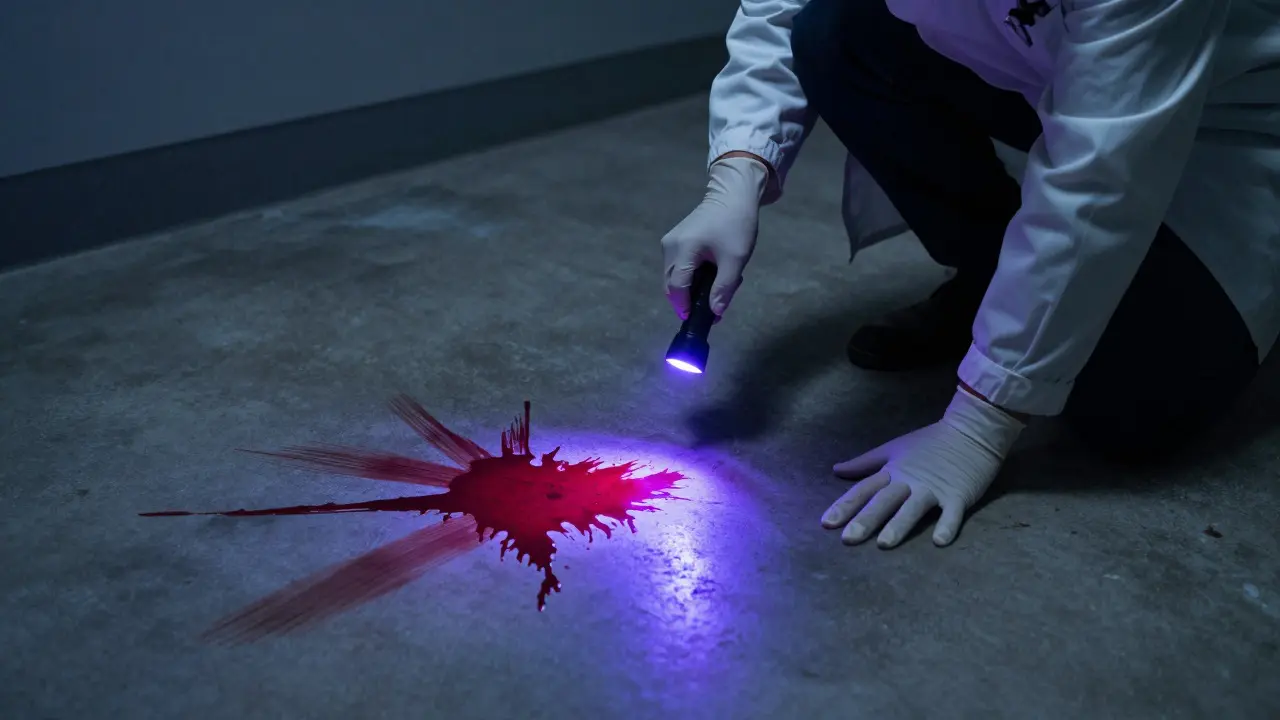 Forensic investigator using a UV light to examine a complex bloodstain pattern on a concrete floor.