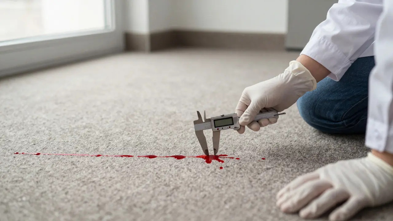 Forensic investigator using calipers to measure blood drip trails on carpet