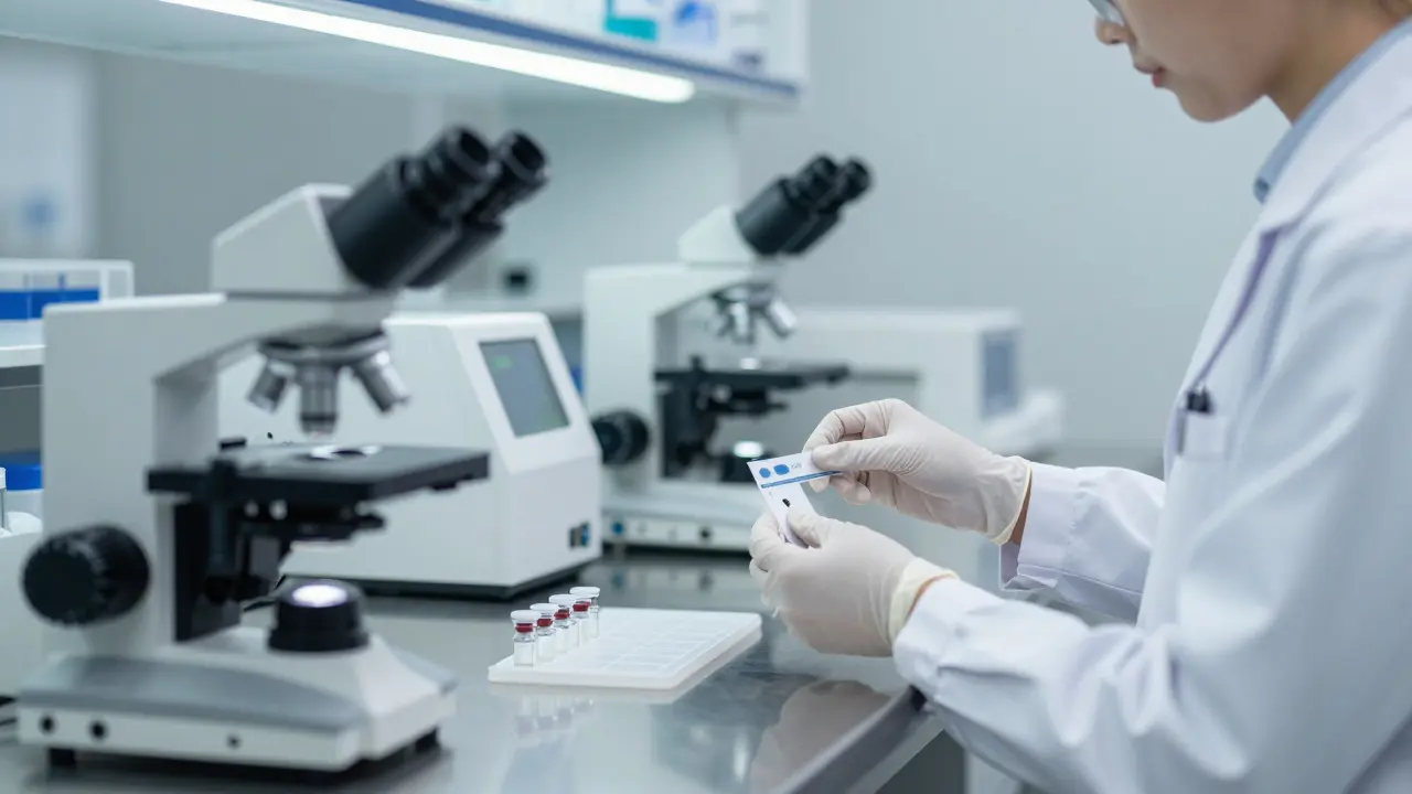 Forensic lab assistant labeling sample vials in a sterile, high-tech laboratory