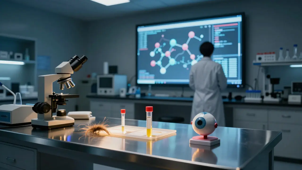 Forensic lab scene with biological samples and molecular analysis display