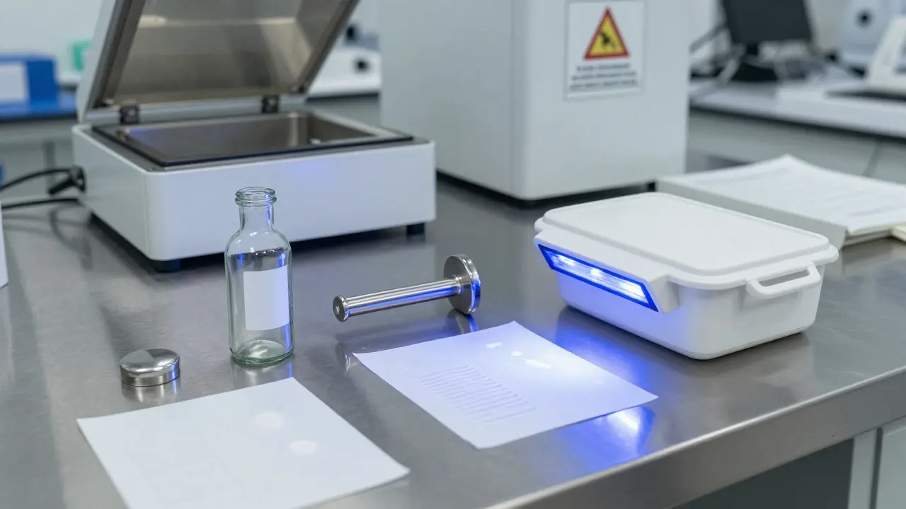 Forensic lab table displaying multiple evidence items with developed white fingerprints under UV light