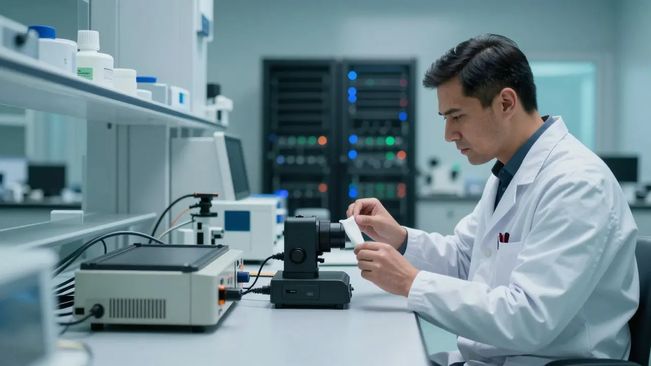 Forensic lab technician maintaining a high-resolution fingerprint scanner