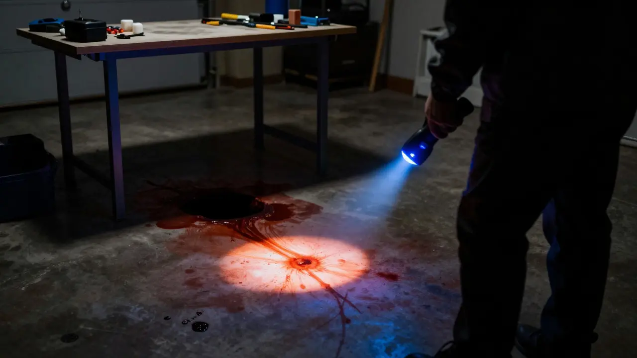 Forensic light revealing a dark void among glowing blood stains