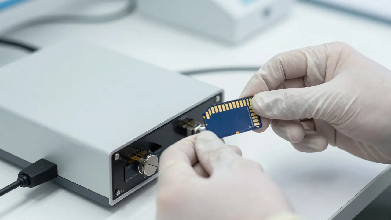 Forensic photographer securing digital evidence using a write-blocker device