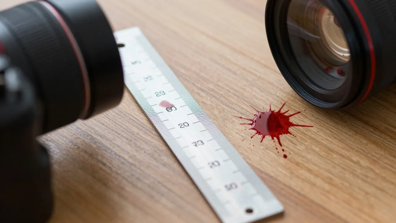 Forensic scale ruler placed next to blood spatter on wooden floor for measurement