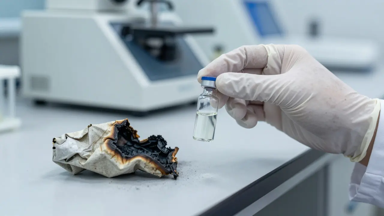 Forensic scientist analyzing a liquid sample and burnt rag in a lab